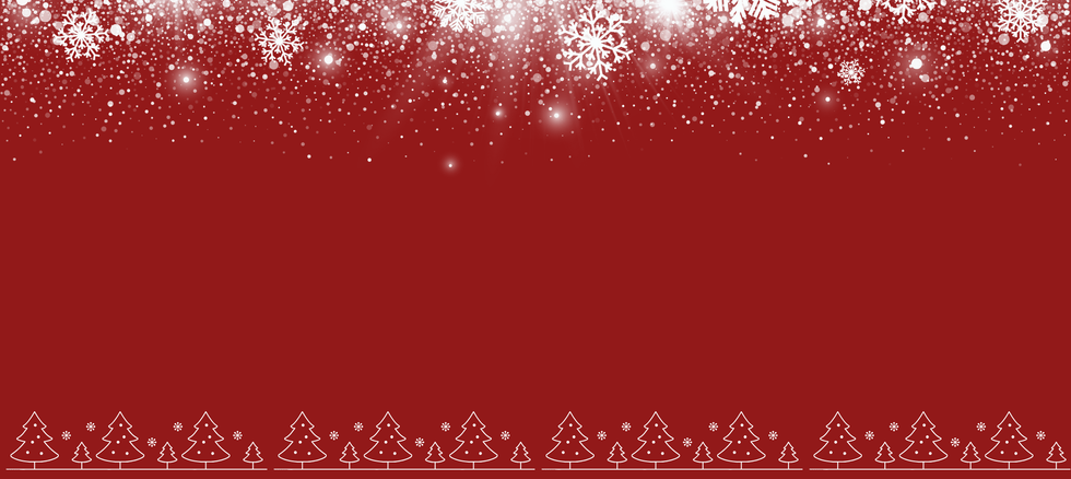 festive red background with trees on the bottom and snow flakes on top