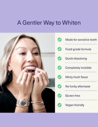 Person using a dental product with features listed on a purple background