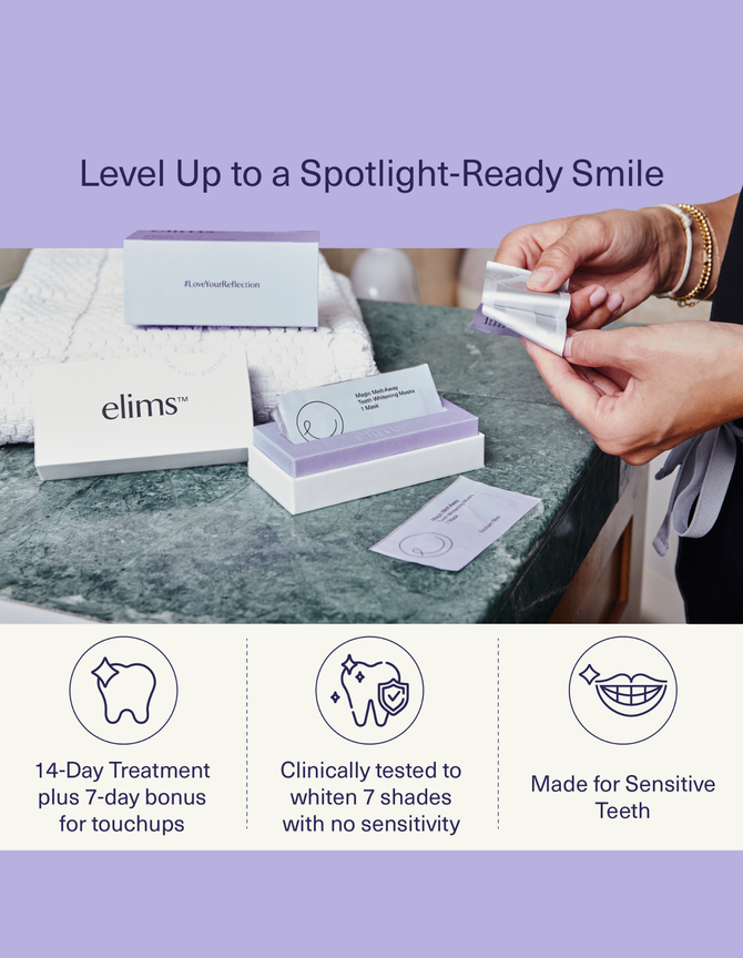 Elims teeth whitening kit with packaging and usage instructions on a marble surface.