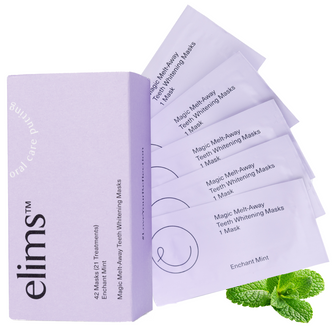 Pack of elims Magic Melt Away Teeth Whitening Masks with a mint leaf on a white background