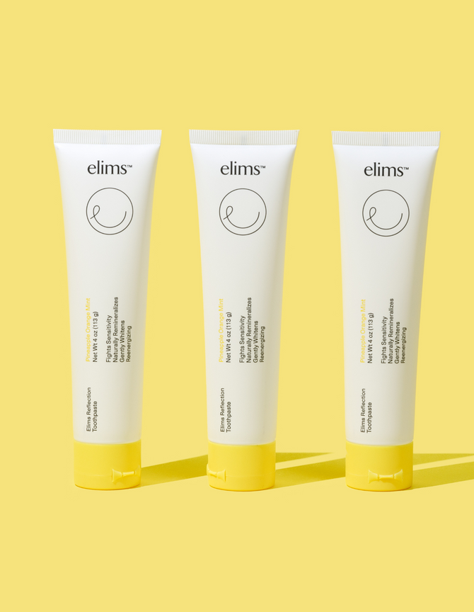 ELIMS Reflection toothpaste in the flavor pineapple orange mint. Combines natural ingredients like nano-hydroxyapatite, a natural mineral and fluoride alternative. Formulated with input from dentists to gently remineralize teeth and keep your mouth fresh all day or night. Foodie friend approved!