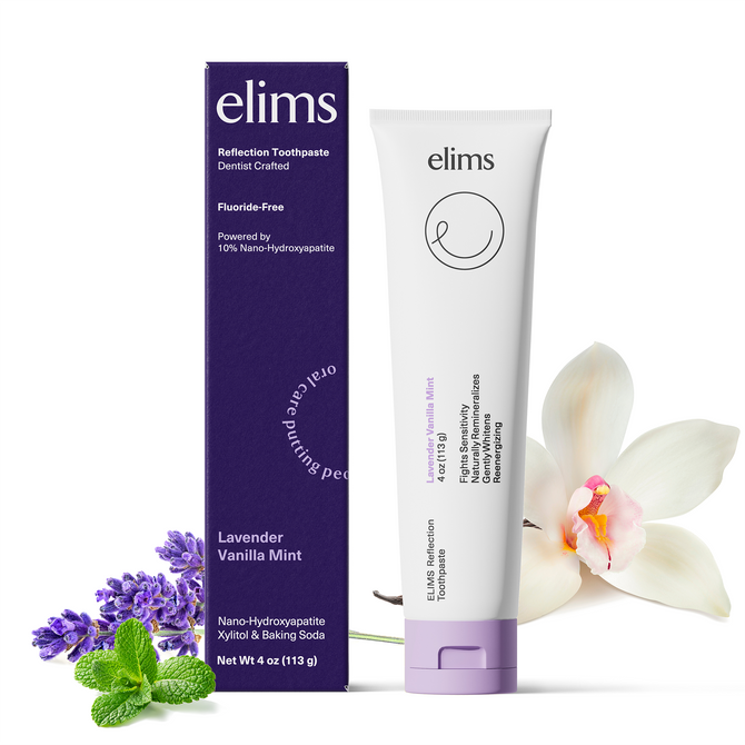 ELIMS Reflection toothpaste in the flavor lavender vanilla mint. Combines natural ingredients like nano-hydroxyapatite, a natural mineral and fluoride alternative. Formulated with input from dentists to gently remineralize teeth and keep your mouth fresh all day or night. Foodie friend approved!
