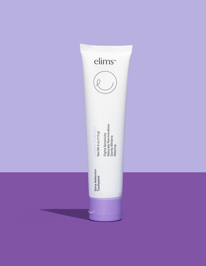 ELIMS Reflection toothpaste in the flavor lavender vanilla mint. Combines natural ingredients like nano-hydroxyapatite, a natural mineral and fluoride alternative. Formulated with input from dentists to gently remineralize teeth and keep your mouth fresh all day or night. Foodie friend approved!