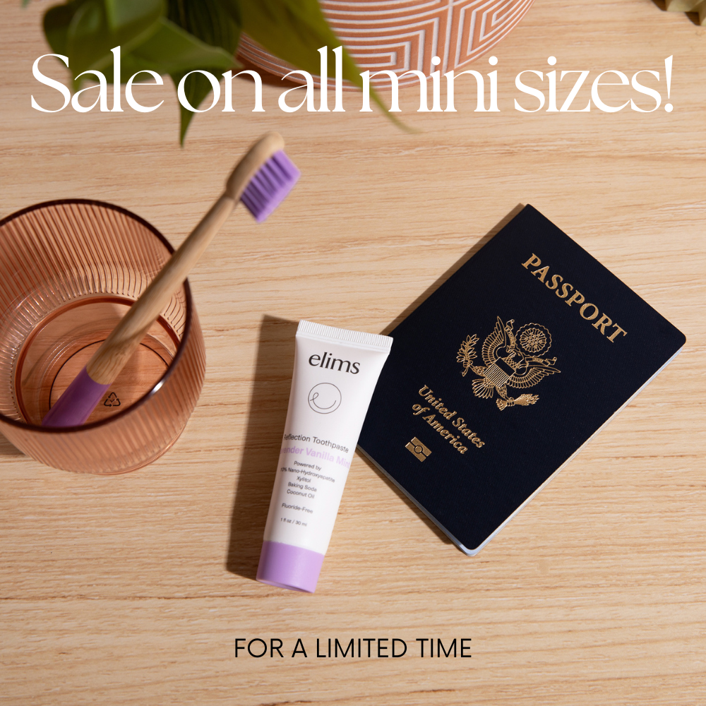 elims oral care travel and mini size product on sale image of toothpaste and toothbrush with passport