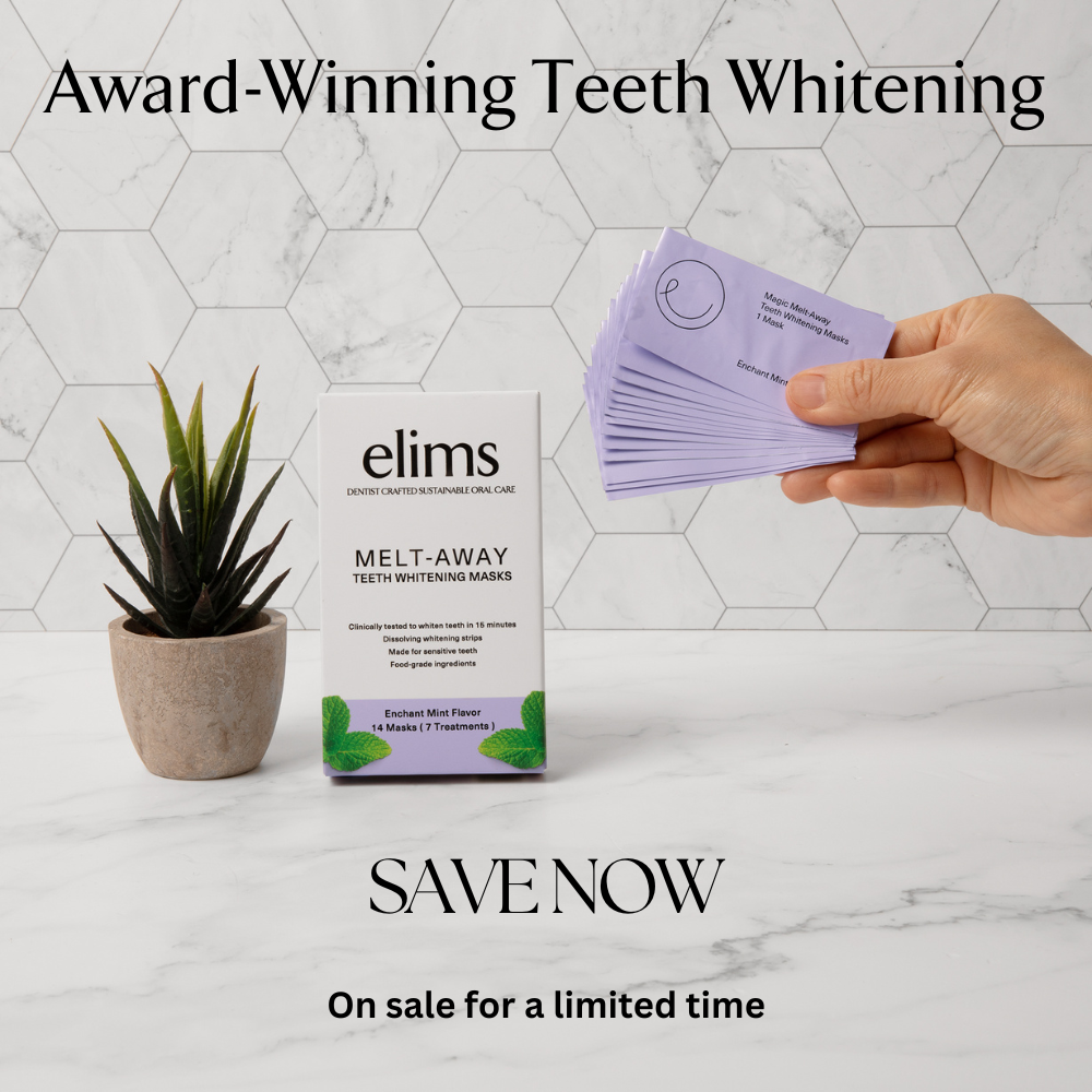 elims oral care award winning teeth whitening strips held by hand