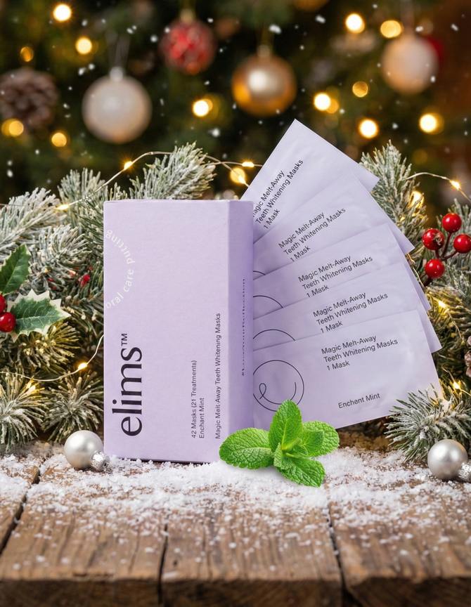 Elims product packaging with Christmas decorations in the background