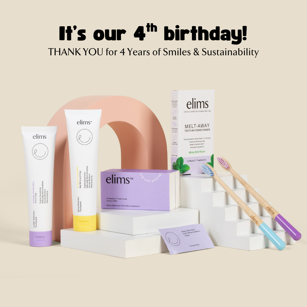 elims products in a row with a beige background. text says it's our 4rth birthday, thank you for 4 years of smiles and sustainability