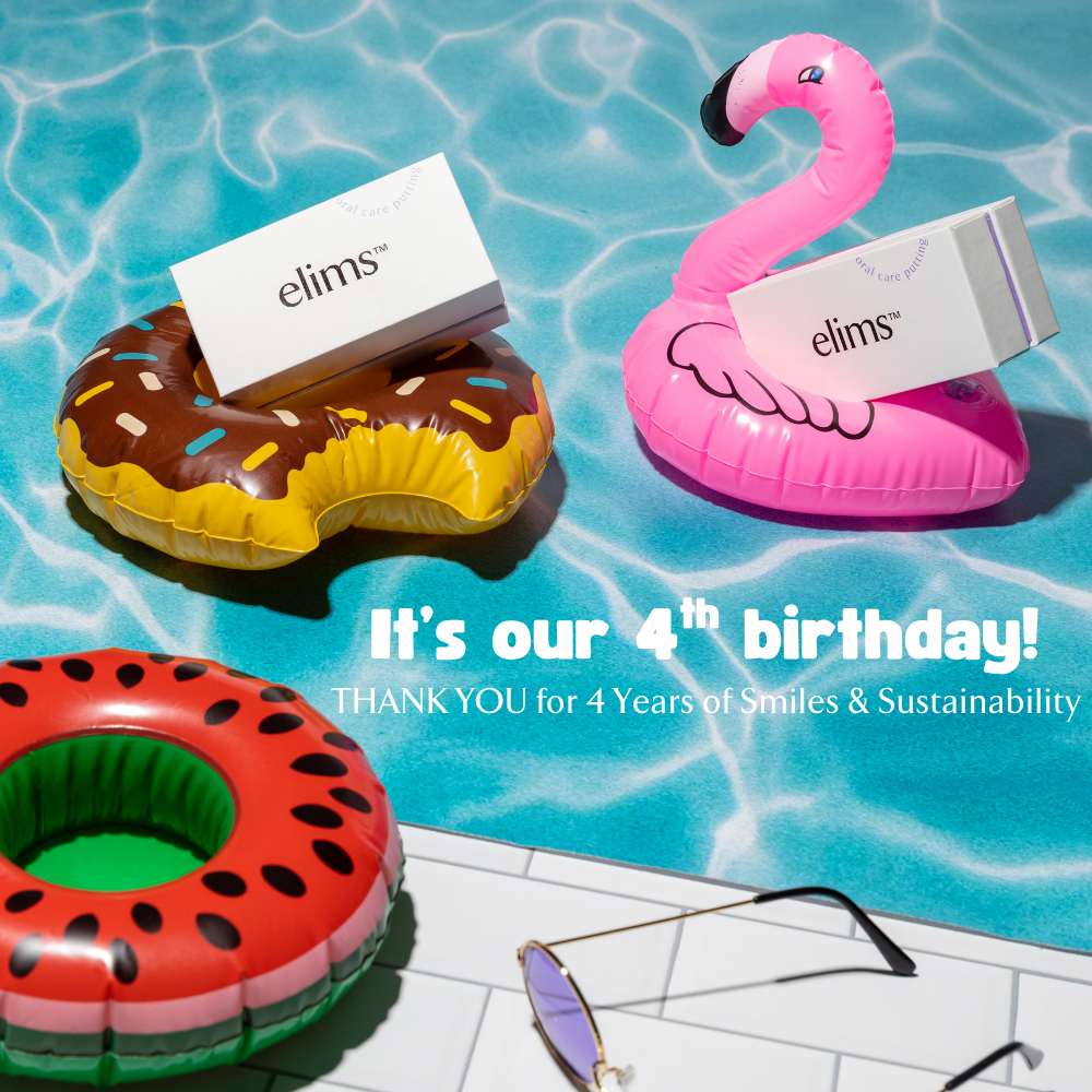 elims teeth whitening on a pool setting. text says it's our 4rth birthday, thank you for 4 years of smiles and sustainability