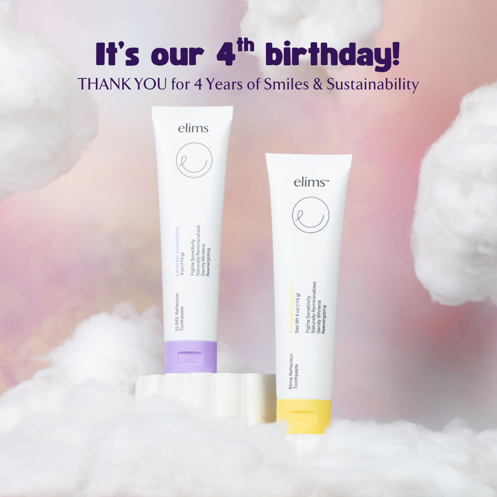 elims toothpaste on a cloud scene. text says it's our 4rth birthday, thank you for 4 years of smiles and sustainability