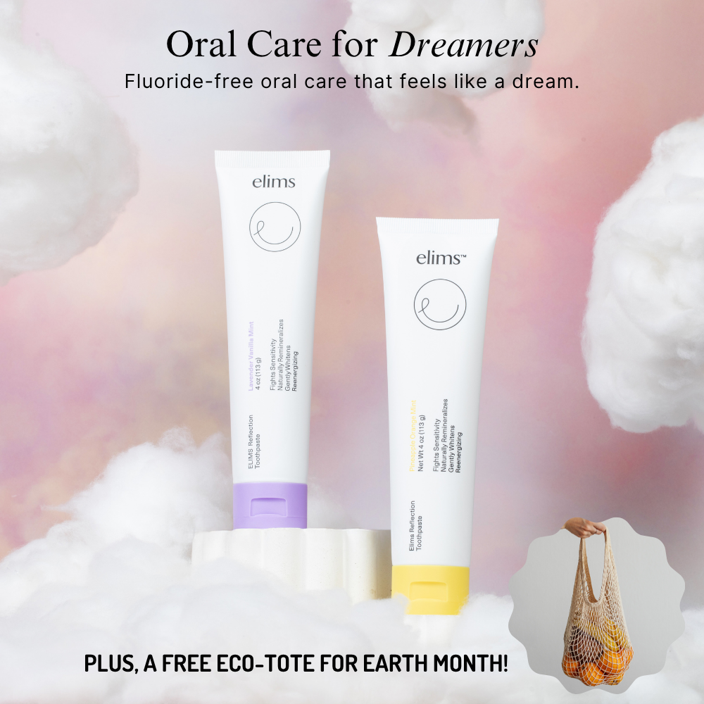 Two elms toothpaste tubes with a free eco-tote offer on a soft, blurred background.
