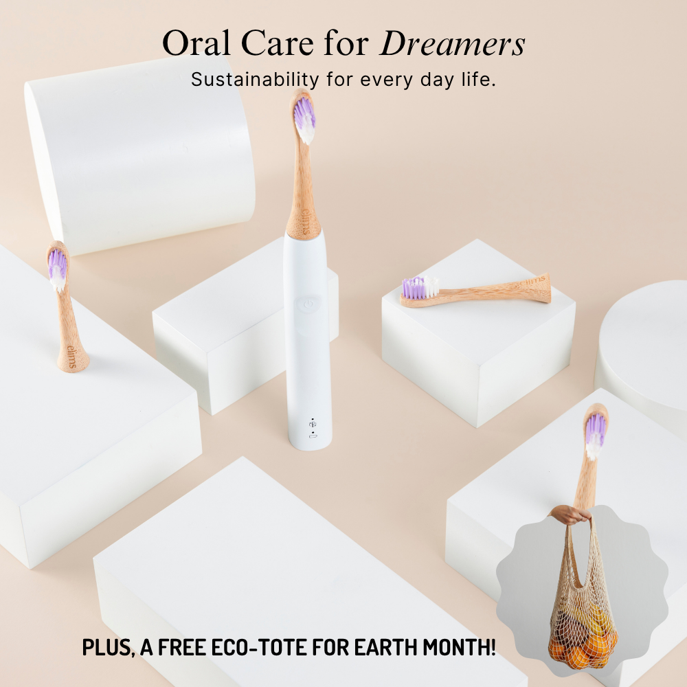 Sustainable oral care toothbrush products with a free eco-tote for Earth Month on a beige background.