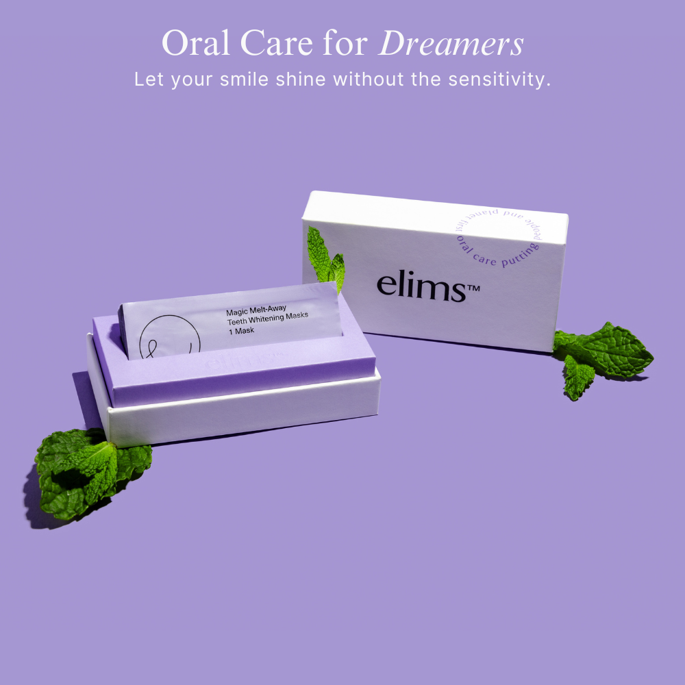 Elims magic melt away dissolving teeth whitening strips that are sustainable and plastic free dental care product packaging made for sensitive teeth on a purple background