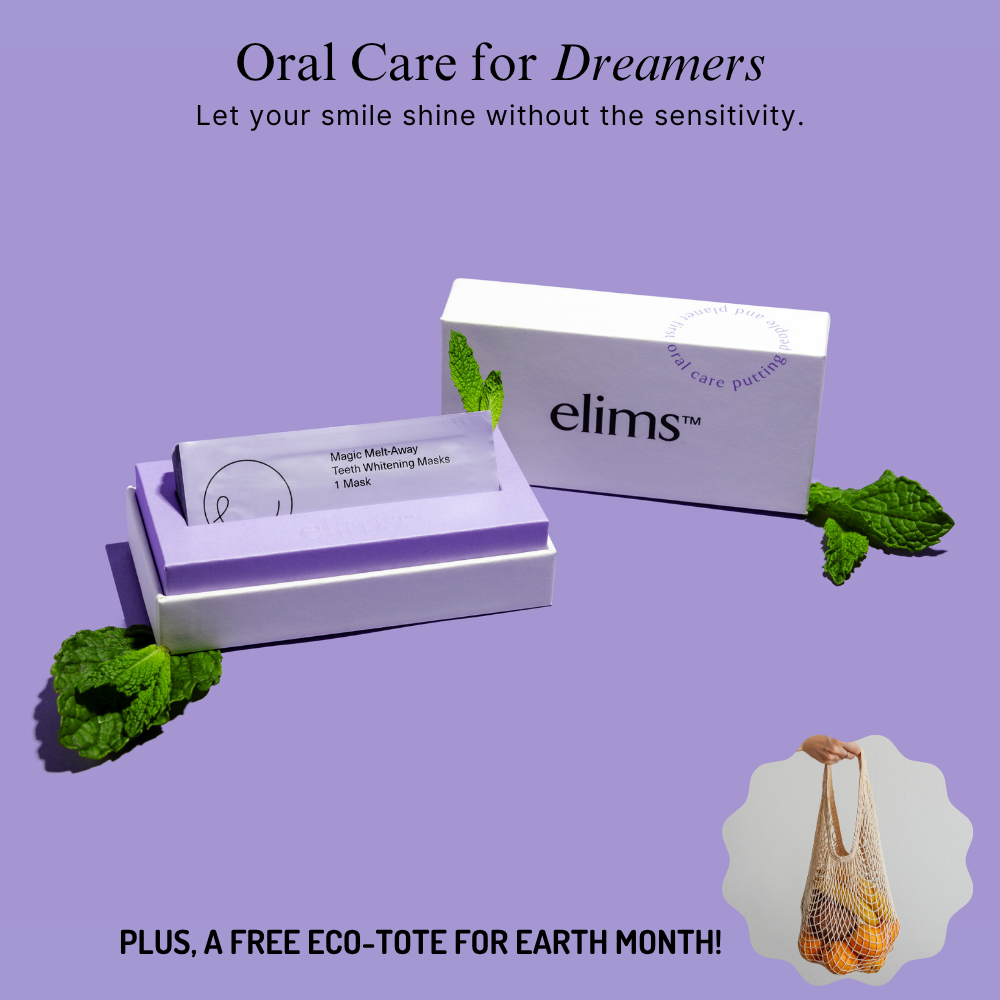 Oral care product packaging with promotional text on a purple background