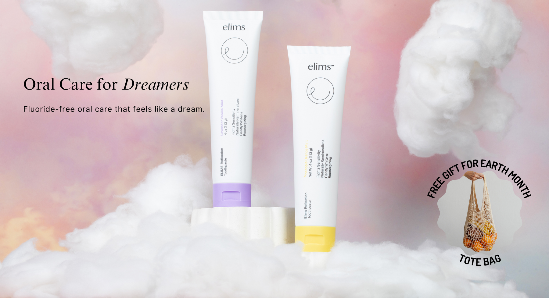 Two Elms oral care products with a free gift offer for Earth Month on a soft, cloud-like background.