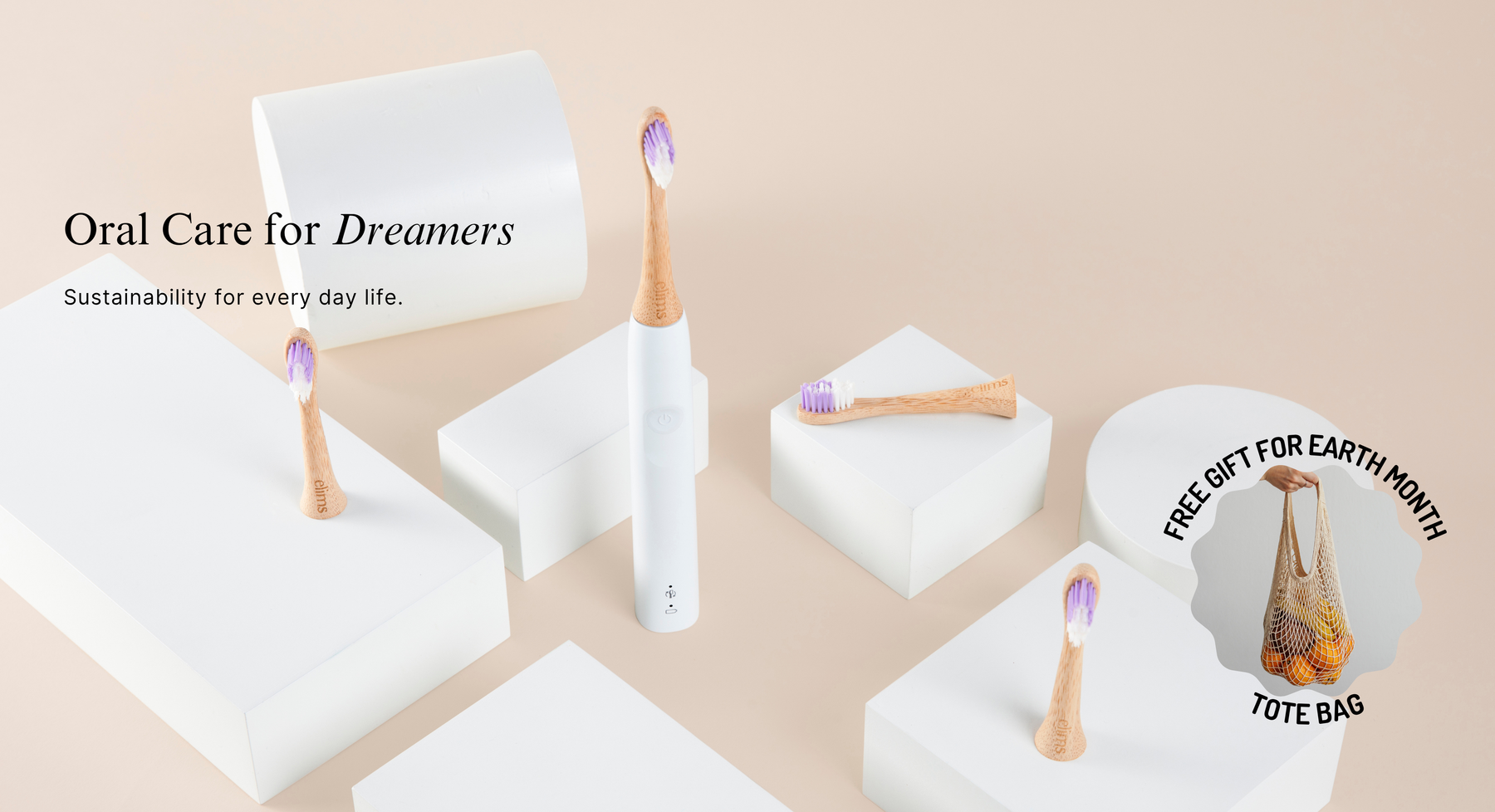 Sustainable oral care toothbrushes with a tote bag offer on a beige background