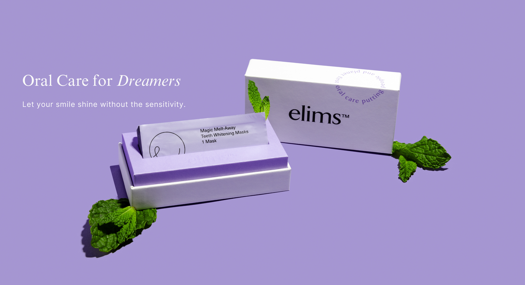 Elims magic melt away dissolving teeth whitening strips that are sustainable and plastic free dental care product packaging made for sensitive teeth on a purple background