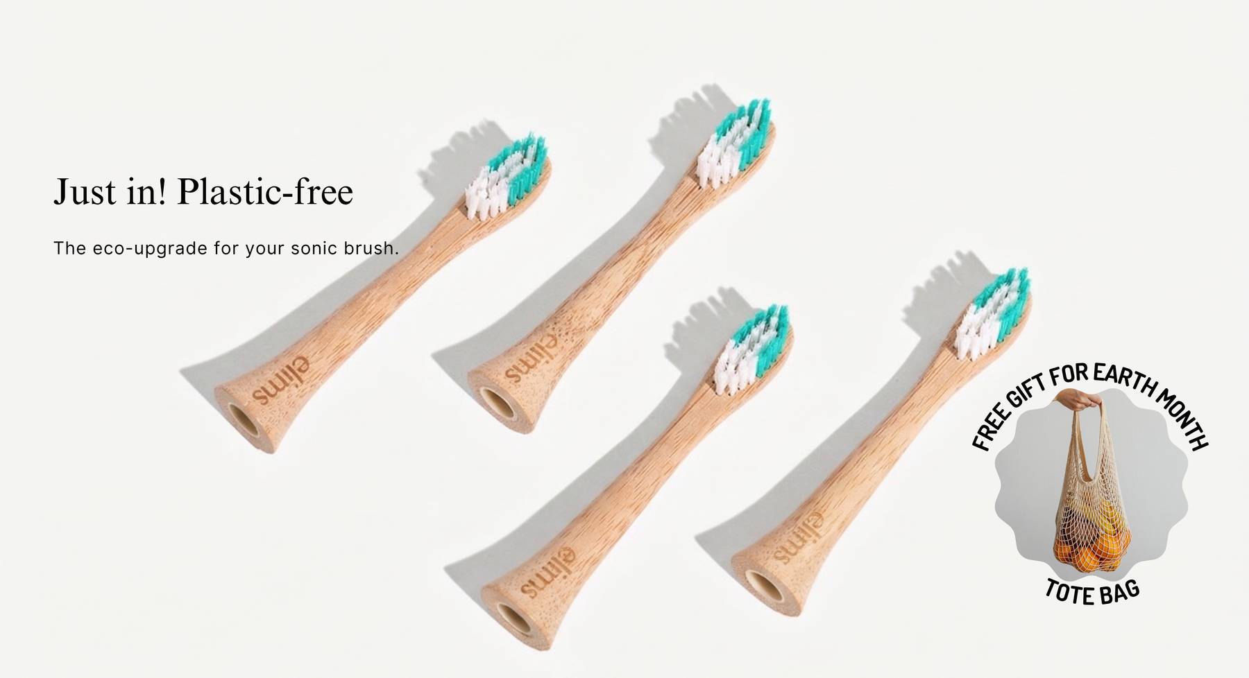 Set of four elims plastic-free sonic toothbrushes on a white background with promotional text.