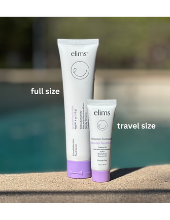 ELIMS lavender vanilla mint toothpaste in travel size and full size comparison