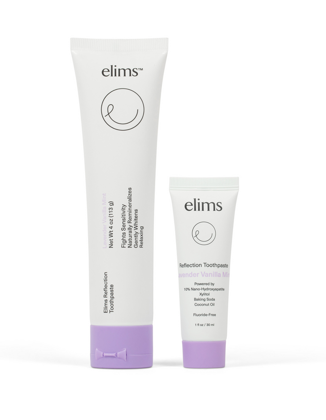 a full size and mini travel size of elims reflection toothpaste