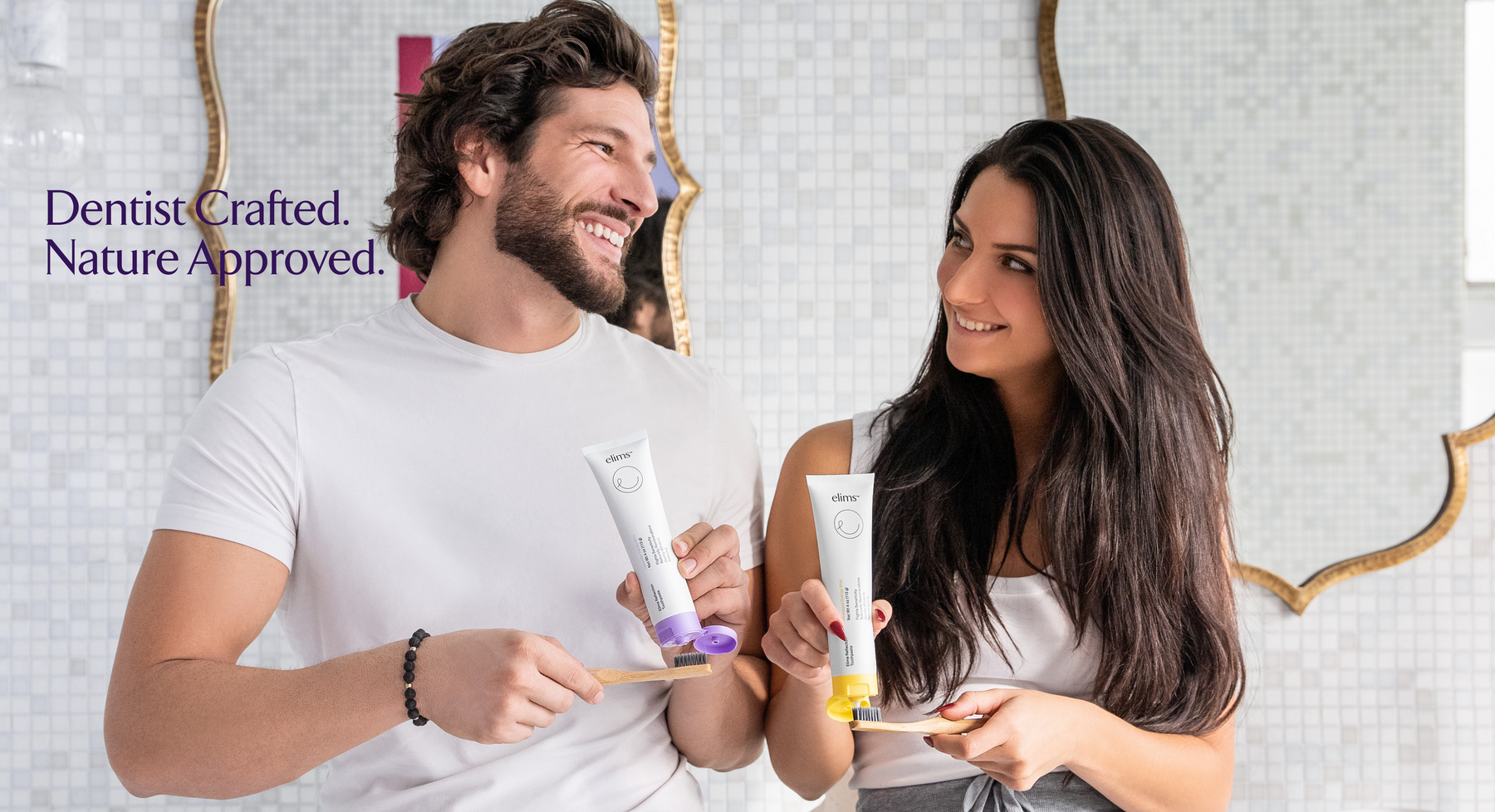 young man and woman brushing their teeth together with elims toothpastes