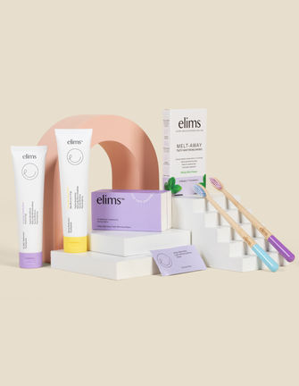 Elims oral care products on a beige background