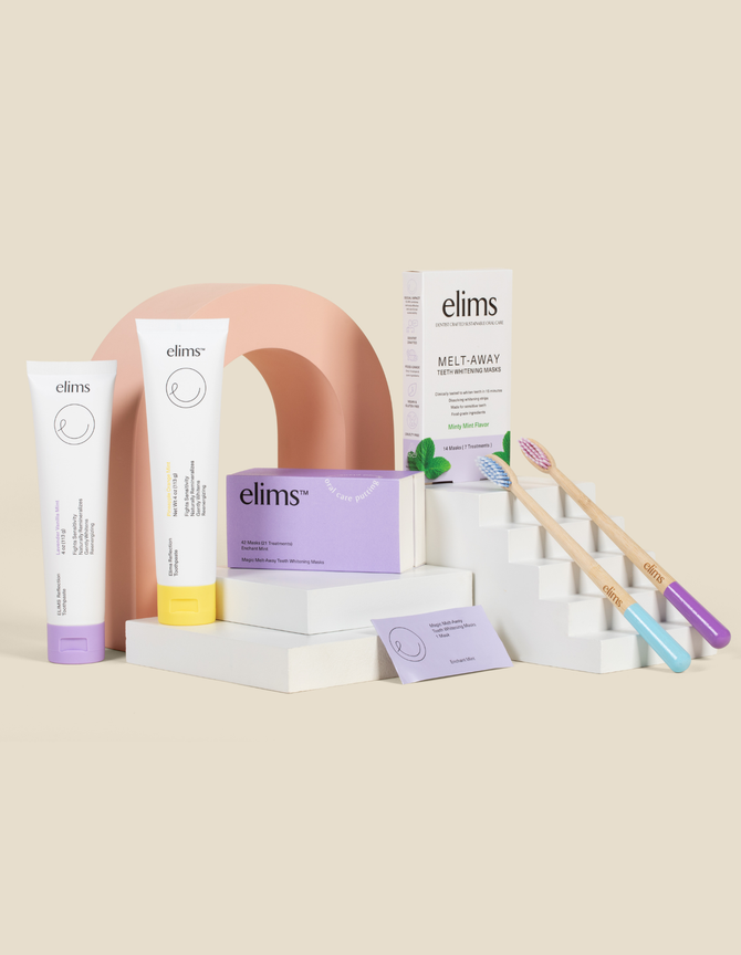 Elims oral care products on a beige background