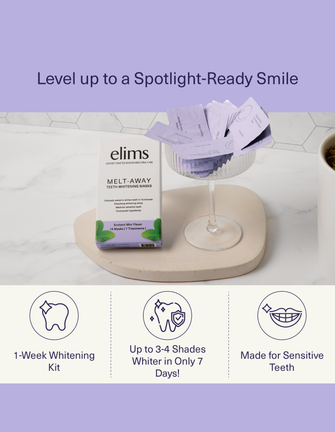 Elims teeth whitening kit with packaging and products on a white surface with purple background