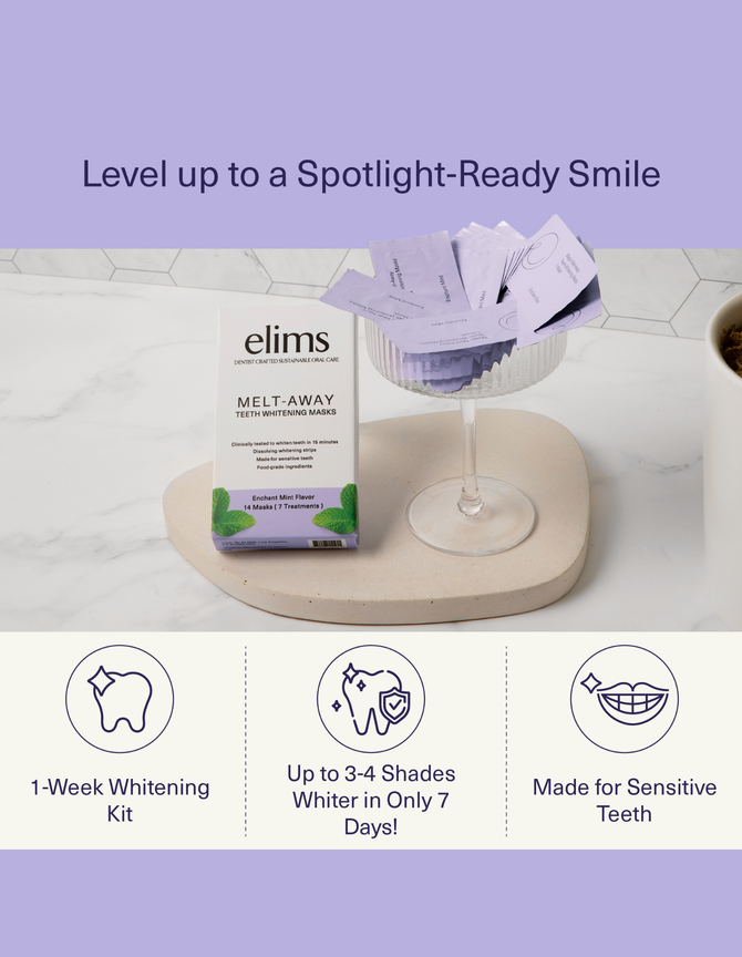 Elims teeth whitening kit with packaging and products on a white surface with purple background