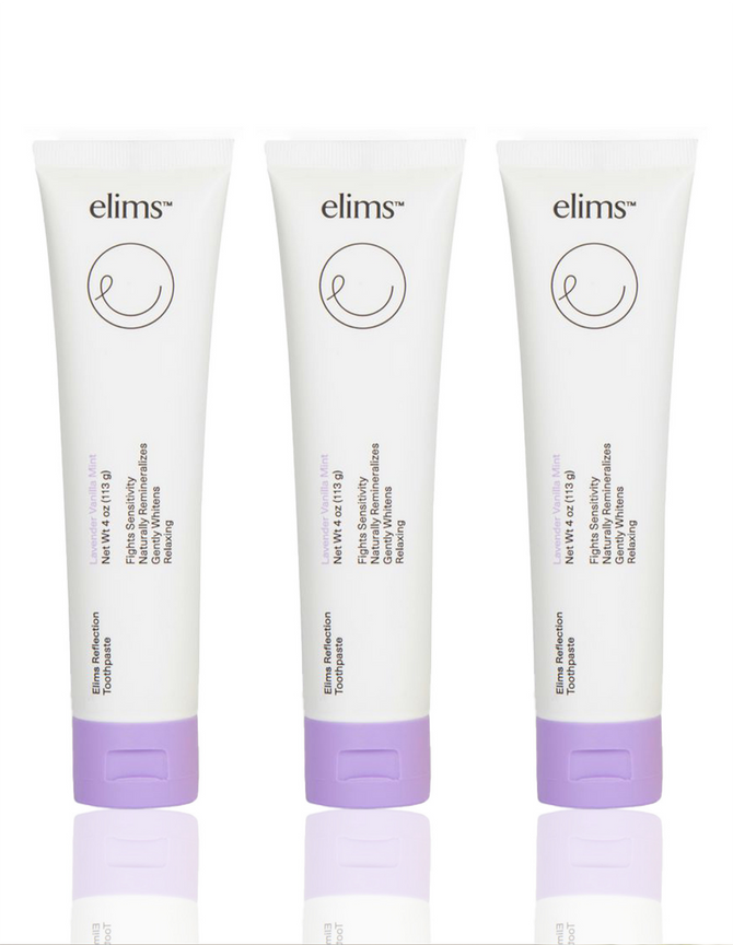 ELIMS Reflection toothpaste in the flavor lavender vanilla mint, 3-pack. Combines natural ingredients like nano-hydroxyapatite, a natural mineral and fluoride alternative. Formulated with input from dentists to gently remineralize teeth and keep your mouth fresh all day or night. Foodie friend approved!