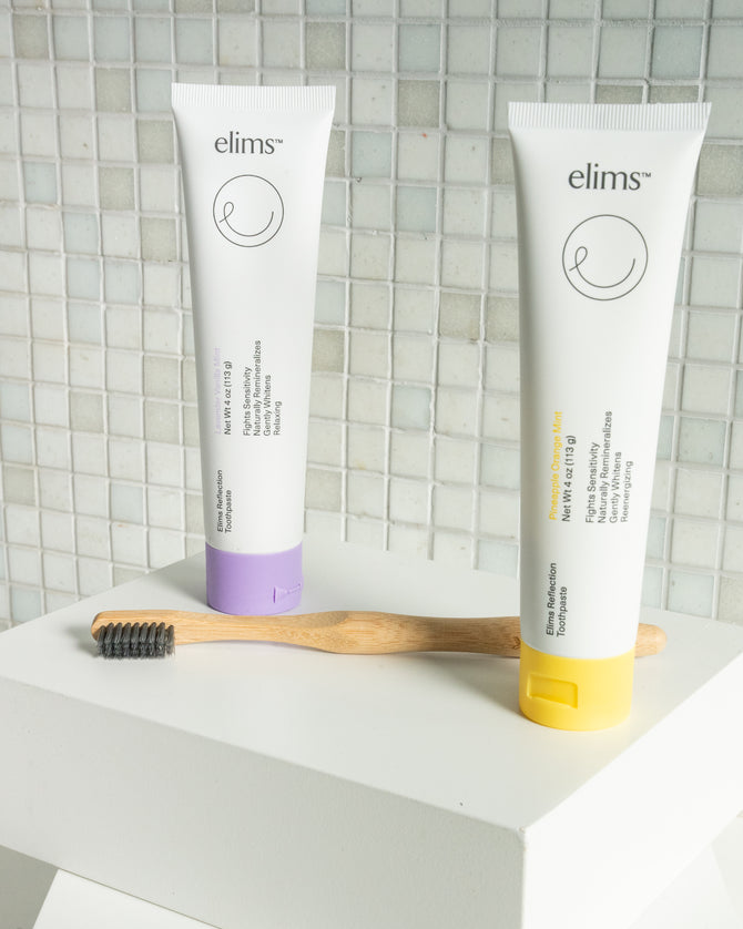 ELIMS Reflection 2-pack combo toothpaste in the flavors pineapple orange mint and lavender vanilla mint. Combines natural ingredients like nano-hydroxyapatite, a natural mineral and fluoride alternative, and xylitol. Formulated with input from dentists to gently remineralize teeth and keep your mouth fresh all day or night. Foodie friend approved!