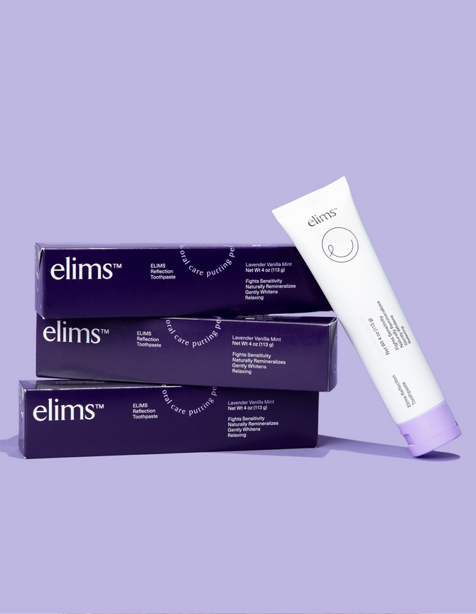 ELIMS Reflection toothpaste in the flavor lavender vanilla mint, 3-pack. Combines natural ingredients like nano-hydroxyapatite, a natural mineral and fluoride alternative. Formulated with input from dentists to gently remineralize teeth and keep your mouth fresh all day or night. Foodie friend approved!