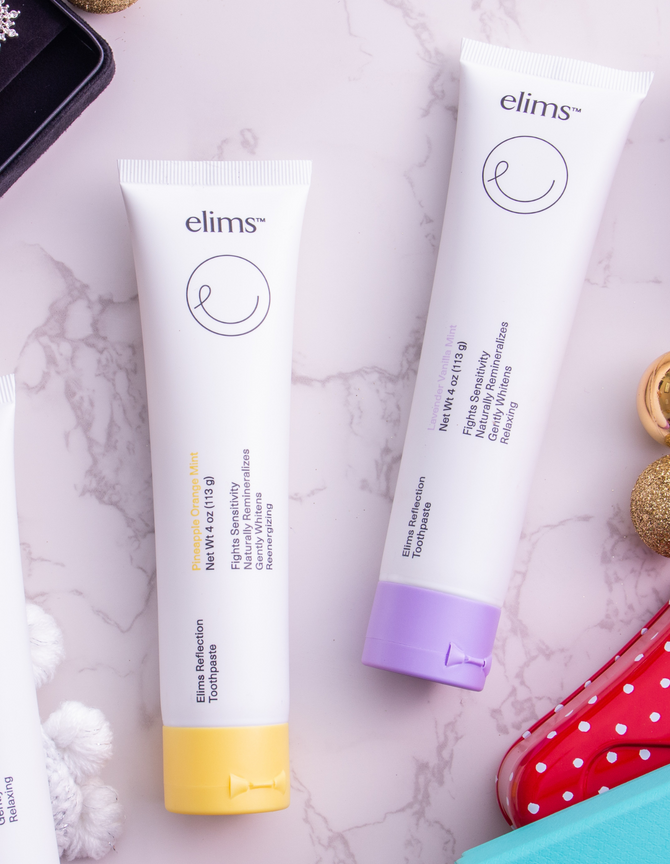 ELIMS Reflection fluoride-free toothpaste variety 2-pack, Lavender Vanilla Mint and Pineapple Orange Mint, in sustainable packaging
