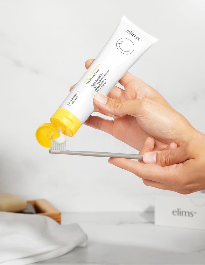 ELIMS Reflection toothpaste in the flavor pineapple orange mint. Combines natural ingredients like nano-hydroxyapatite, a natural mineral and fluoride alternative. Formulated with input from dentists to gently remineralize teeth and keep your mouth fresh all day or night. Foodie friend approved!