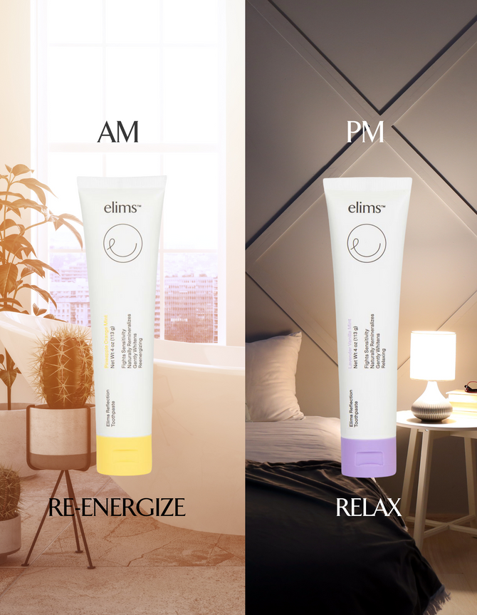 ELIMS Reflection 2-pack combo toothpaste in the flavors pineapple orange mint and lavender vanilla mint. Combines natural ingredients like nano-hydroxyapatite, a natural mineral and fluoride alternative, and xylitol. Formulated with input from dentists to gently remineralize teeth and keep your mouth fresh all day or night. Foodie friend approved!