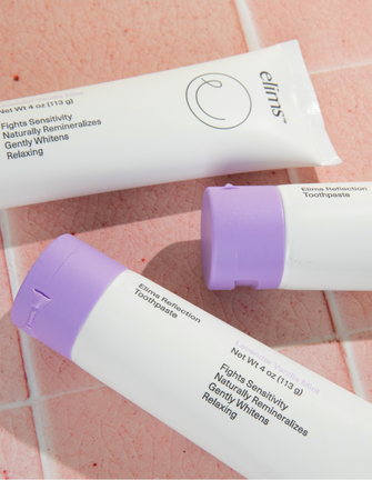 ELIMS Reflection toothpaste in the flavor lavender vanilla mint, 3-pack. Combines natural ingredients like nano-hydroxyapatite, a natural mineral and fluoride alternative. Formulated with input from dentists to gently remineralize teeth and keep your mouth fresh all day or night. Foodie friend approved!