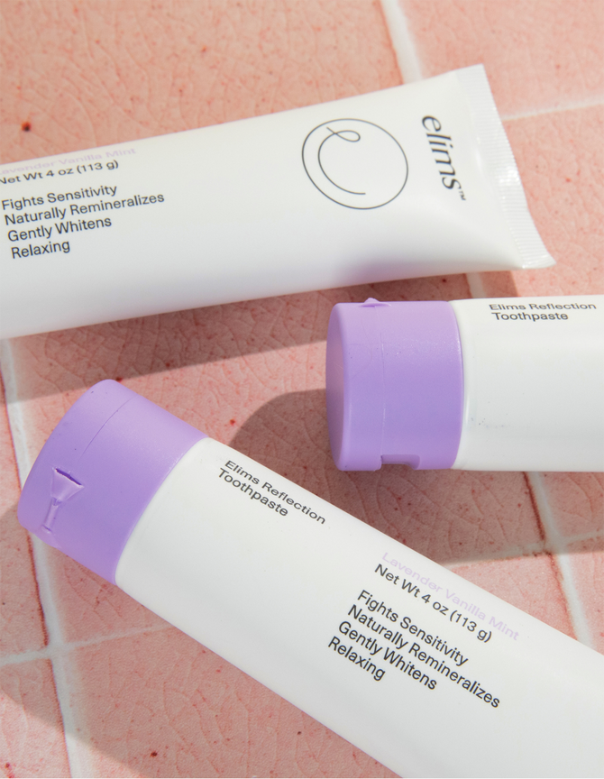 ELIMS Reflection toothpaste in the flavor lavender vanilla mint, 3-pack. Combines natural ingredients like nano-hydroxyapatite, a natural mineral and fluoride alternative. Formulated with input from dentists to gently remineralize teeth and keep your mouth fresh all day or night. Foodie friend approved!