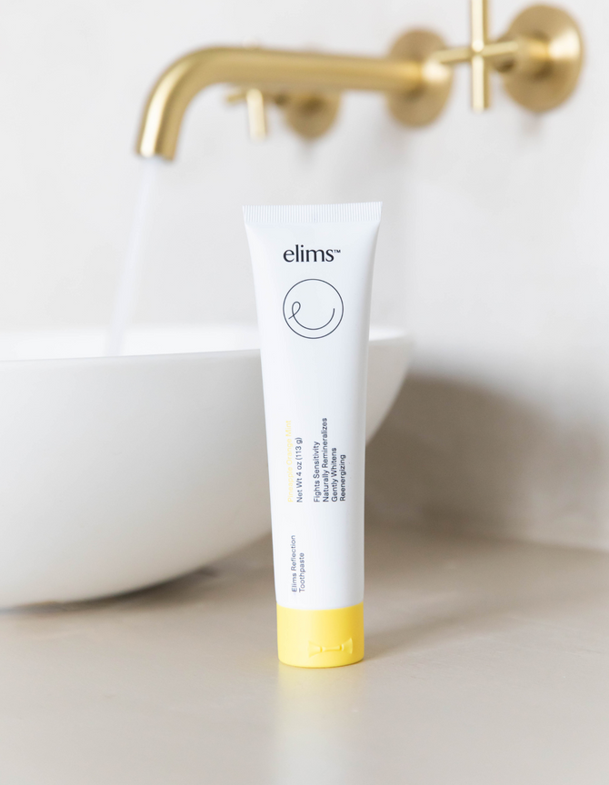 ELIMS Reflection fluoride-free toothpaste, Pineapple Orange Mint, 4oz tube in sustainable packaging
