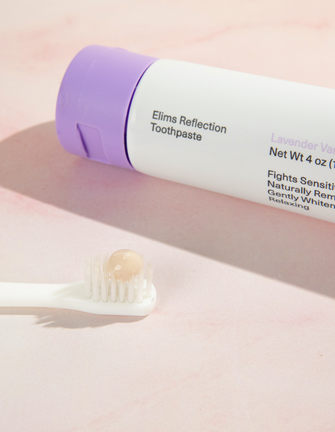 ELIMS Reflection toothpaste in the flavor lavender vanilla mint, 3-pack. Combines natural ingredients like nano-hydroxyapatite, a natural mineral and fluoride alternative. Formulated with input from dentists to gently remineralize teeth and keep your mouth fresh all day or night. Foodie friend approved!