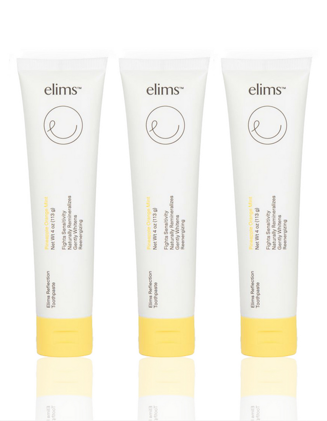 ELIMS Reflection toothpaste in the flavor pineapple orange mint. Combines natural ingredients like nano-hydroxyapatite, a natural mineral and fluoride alternative. Formulated with input from dentists to gently remineralize teeth and keep your mouth fresh all day or night. Foodie friend approved!