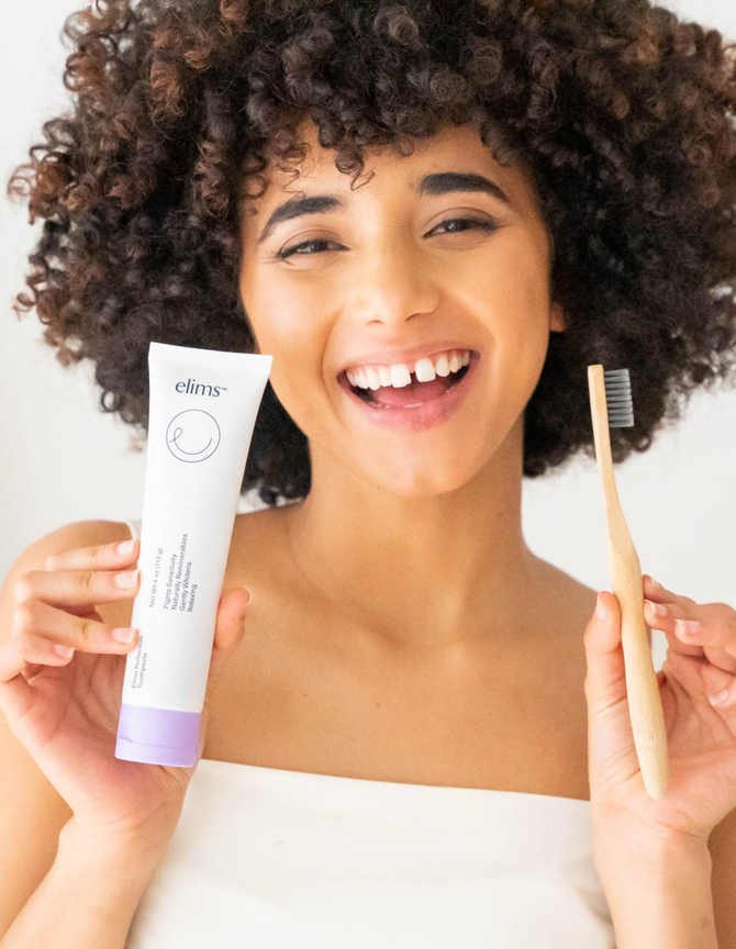 ELIMS Reflection toothpaste in the flavor lavender vanilla mint. Combines natural ingredients like nano-hydroxyapatite, a natural mineral and fluoride alternative. Formulated with input from dentists to gently remineralize teeth and keep your mouth fresh all day or night. Foodie friend approved!