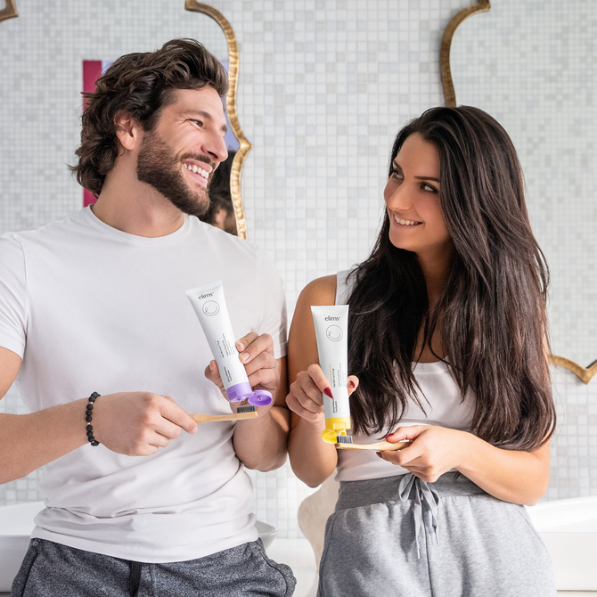 ELIMS Reflection 2-pack combo toothpaste in the flavors pineapple orange mint and lavender vanilla mint. Combines natural ingredients like nano-hydroxyapatite, a natural mineral and fluoride alternative, and xylitol. Formulated with input from dentists to gently remineralize teeth and keep your mouth fresh all day or night. Foodie friend approved!
