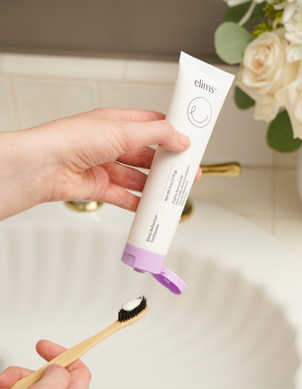 ELIMS Reflection toothpaste in the flavor lavender vanilla mint, 3-pack. Combines natural ingredients like nano-hydroxyapatite, a natural mineral and fluoride alternative. Formulated with input from dentists to gently remineralize teeth and keep your mouth fresh all day or night. Foodie friend approved!