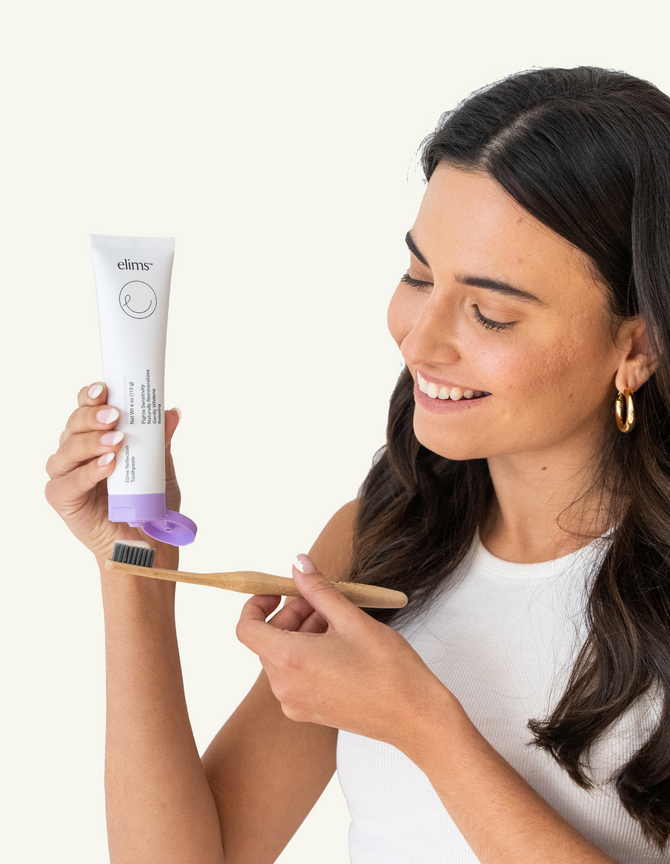 ELIMS Reflection toothpaste in the flavor lavender vanilla mint. Combines natural ingredients like nano-hydroxyapatite, a natural mineral and fluoride alternative. Formulated with input from dentists to gently remineralize teeth and keep your mouth fresh all day or night. Foodie friend approved!