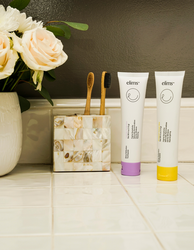 ELIMS Reflection 2-pack combo toothpaste in the flavors pineapple orange mint and lavender vanilla mint. Combines natural ingredients like nano-hydroxyapatite, a natural mineral and fluoride alternative, and xylitol. Formulated with input from dentists to gently remineralize teeth and keep your mouth fresh all day or night. Foodie friend approved!