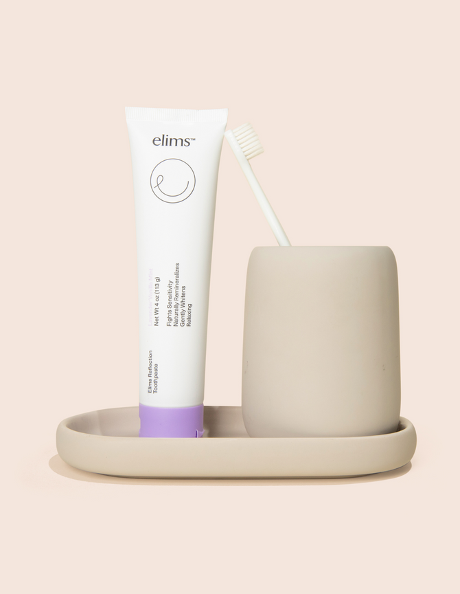 ELIMS Reflection toothpaste in the flavor lavender vanilla mint, 3-pack. Combines natural ingredients like nano-hydroxyapatite, a natural mineral and fluoride alternative. Formulated with input from dentists to gently remineralize teeth and keep your mouth fresh all day or night. Foodie friend approved!
